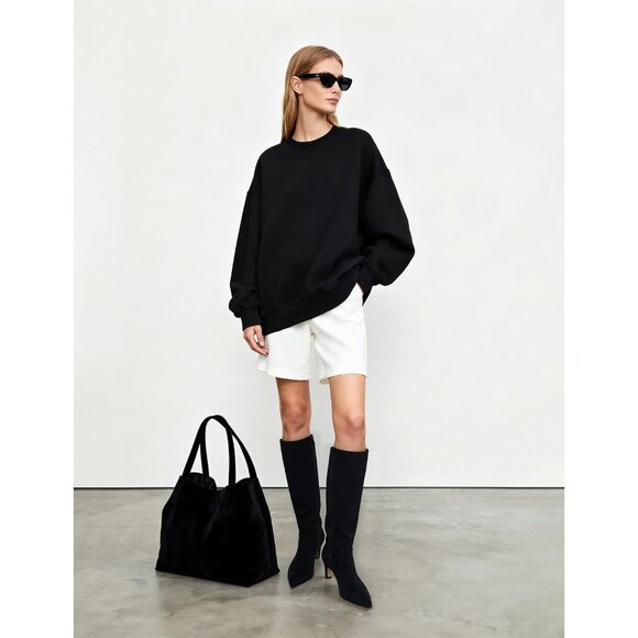 Women's Black Suede Pointed Toe Kitten Low Heel Faux Leather Fall Long Boots - Picture 3 of 8